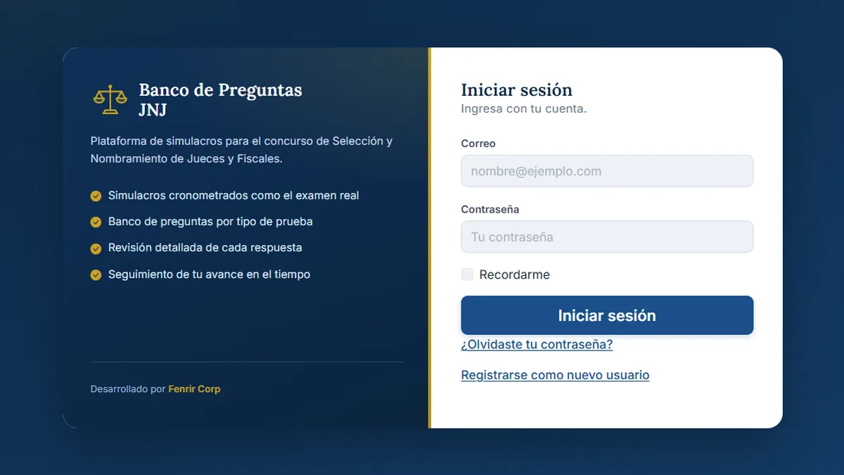 Pantalla de acceso de la plataforma de simulacros, con el resumen de sus características junto al formulario de inicio de sesión.