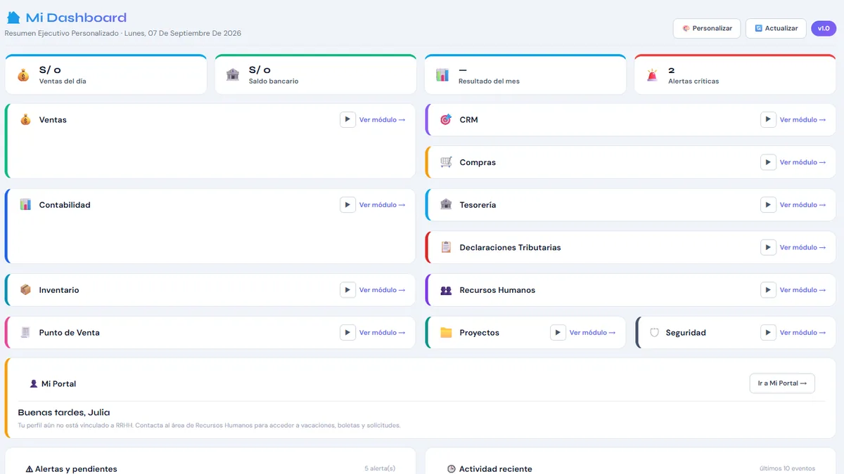 Panel principal del ERP con los indicadores del día y accesos a los módulos de ventas, CRM, compras, contabilidad, tesorería, inventario y recursos humanos.